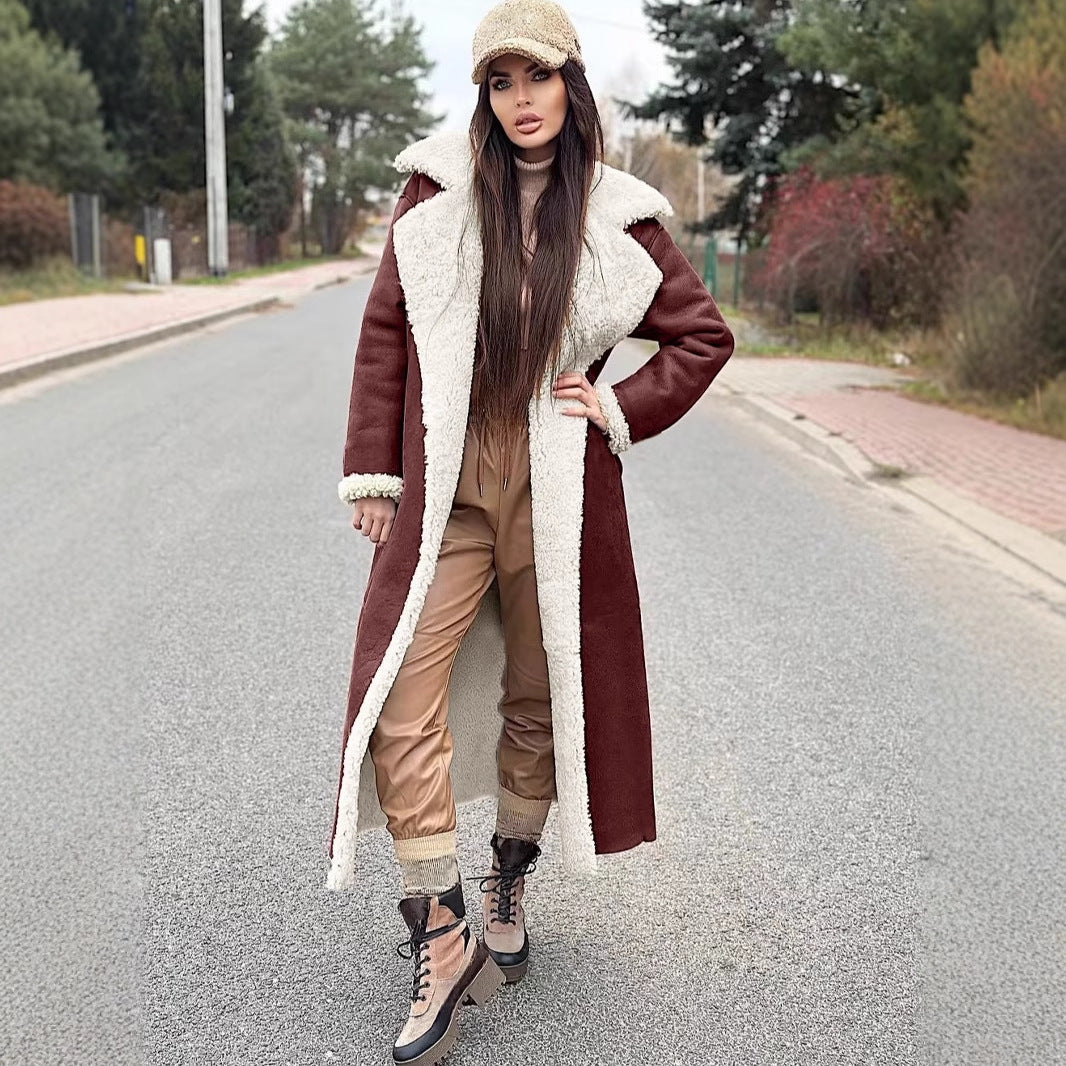 Women's Long Fleece Coat with Fold-Down Collar