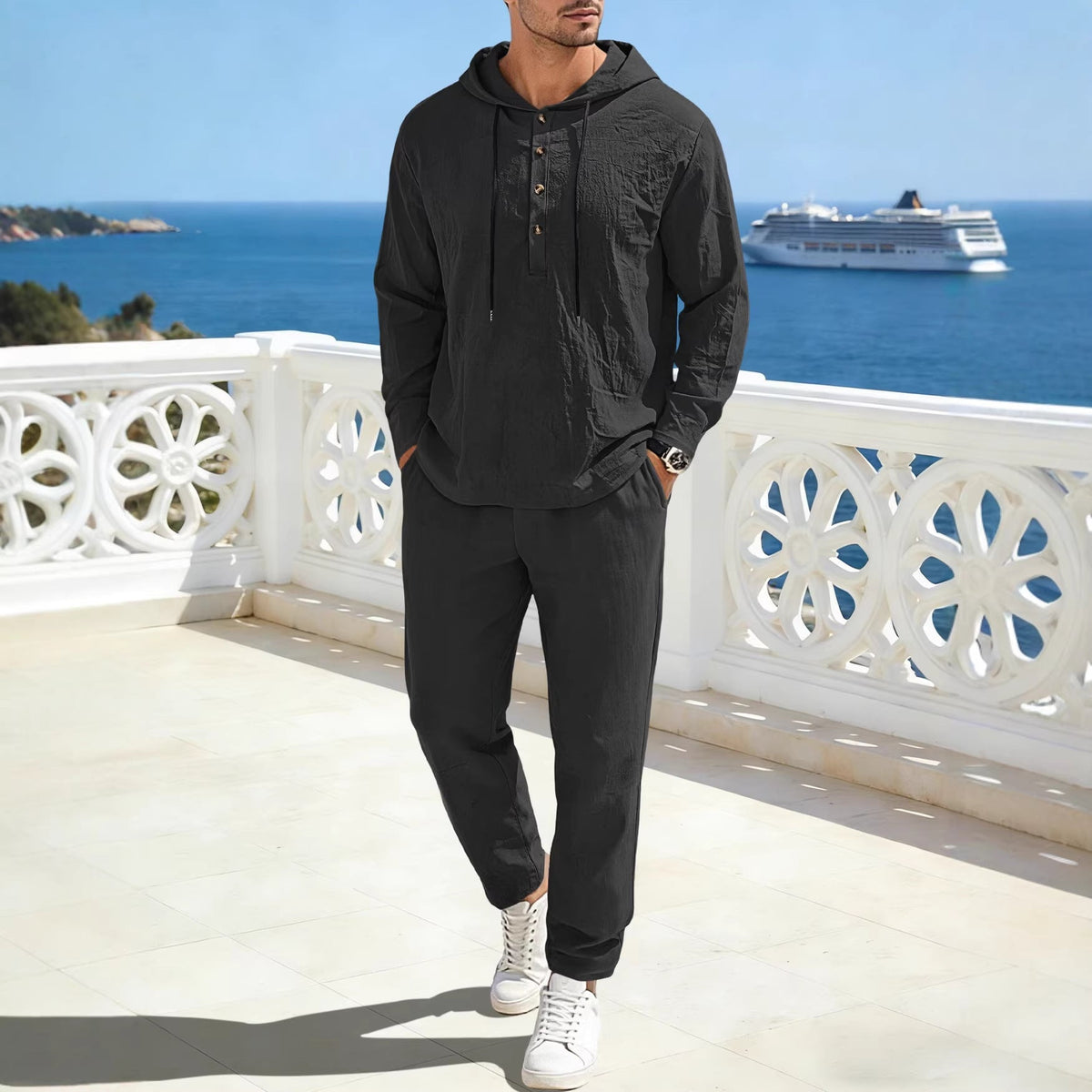 Men's Relaxed Hoodie Henley Leisure Suit