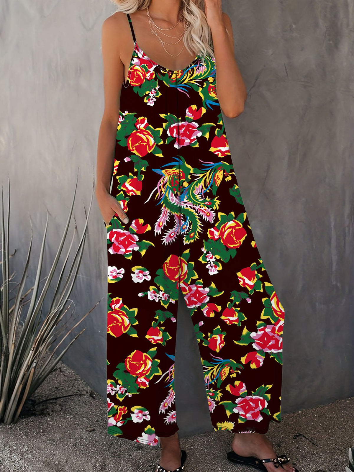 Women's Airy Jumpsuit with Floral Design and Adjustable Straps