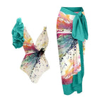 Women's Swimsuit Set with Floral Design and Elegant Wrap Skirt