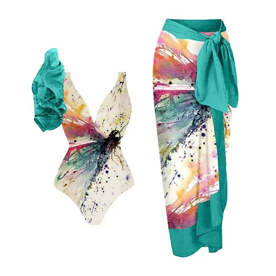 Women's Swimsuit Set with Floral Design and Elegant Wrap Skirt