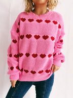 Cozy Heart Pattern Knit Sweater with Wide Sleeves