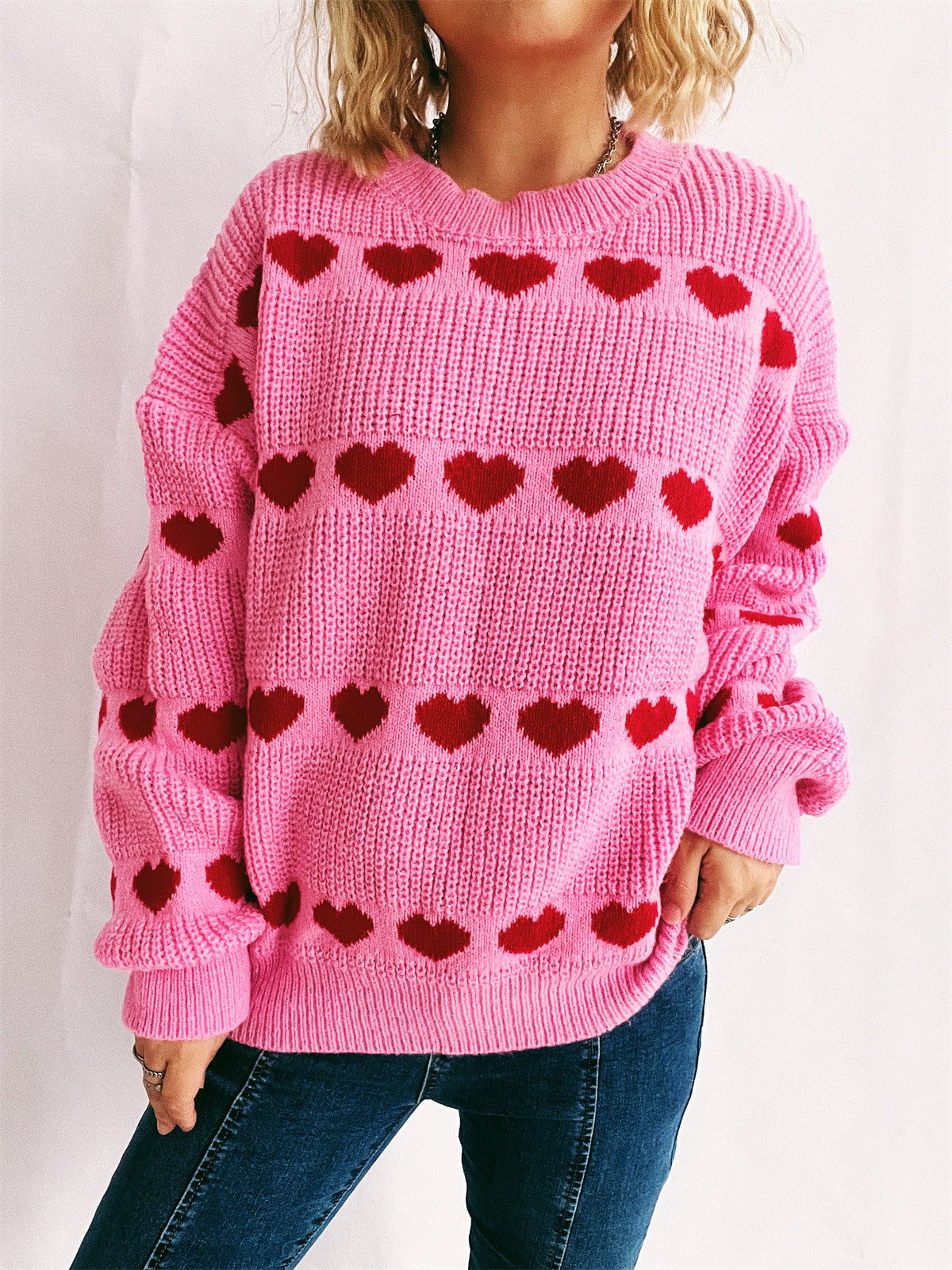 Cozy Heart Pattern Knit Sweater with Wide Sleeves