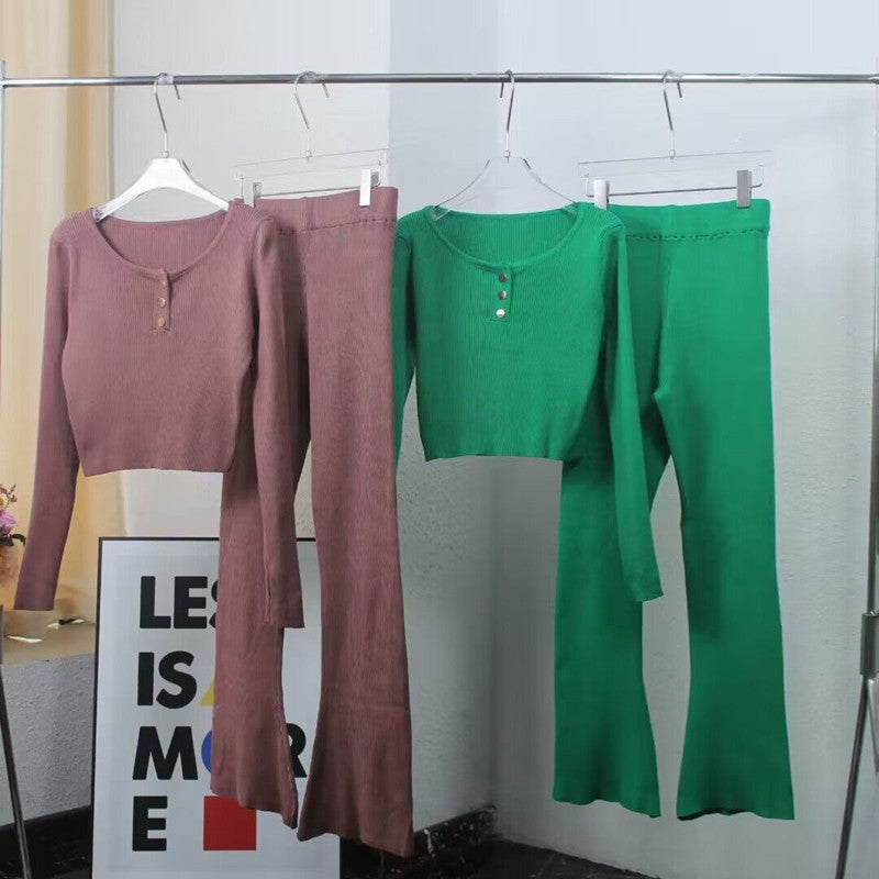 Women's Casual Knit Loungewear Set with Button Details and Wide Leg