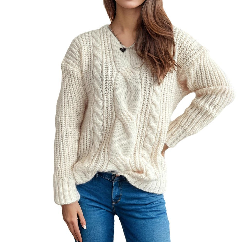 Women's Chunky Knit Sweater with Creative Cable Design and Casual Fit