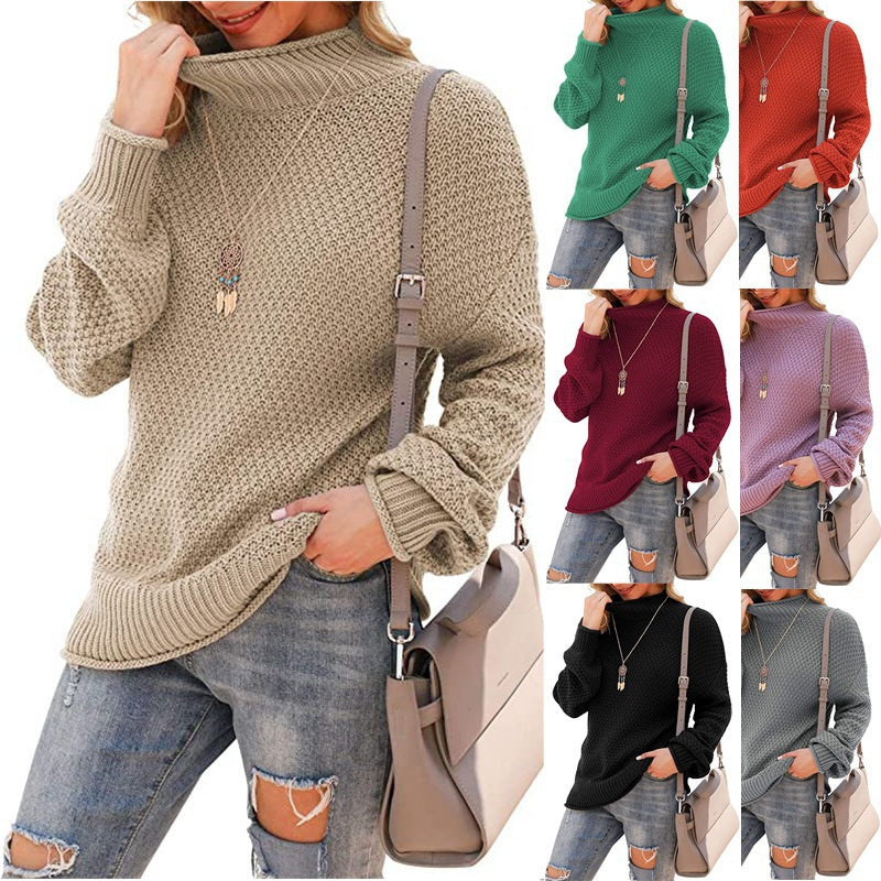Women's Chunky Knit Sweater with High Collar and Textured Surface