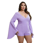 Women's Elegant Playsuit with Wide Sleeves and Deep V-Neck