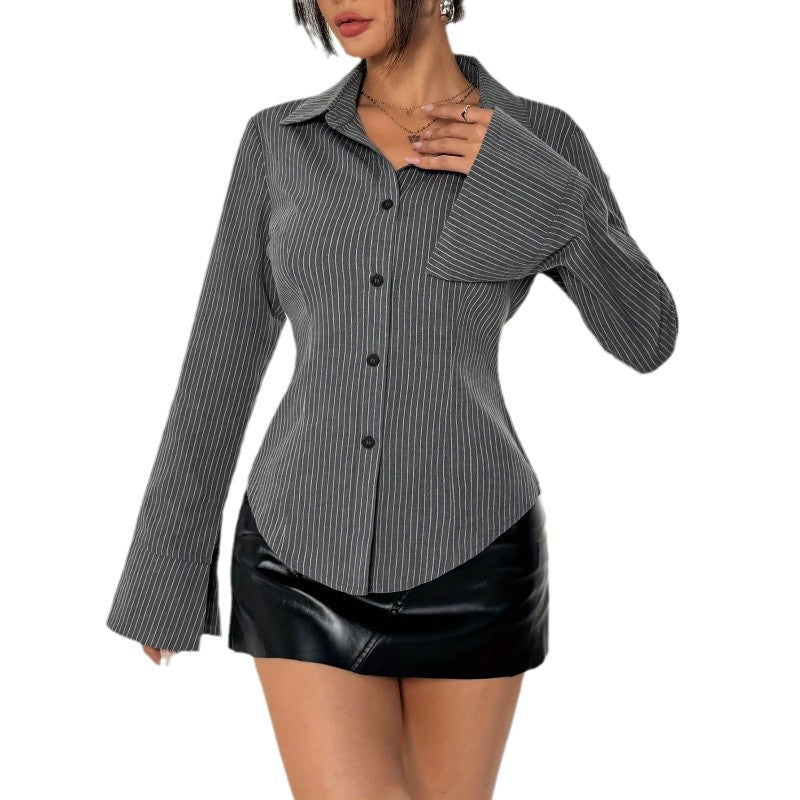 Elegant Striped Shirt Blouse with Flared Sleeves