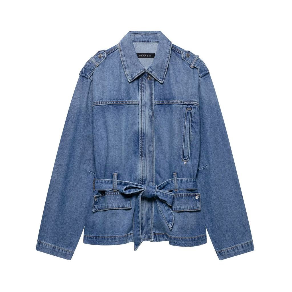 Women's Elegant Denim Jacket with Adjustable Waist