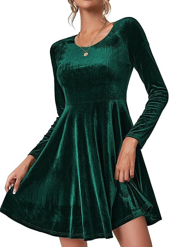 Women's Velvet A-Line Dress with Long Sleeves and Round Neck