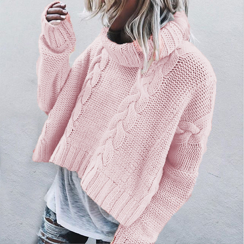Women's Chunky Knit Sweater with High Collar and Cable Design