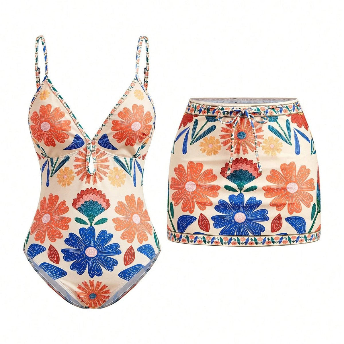 Women's Swimsuit with Floral Design and Removable Skirt