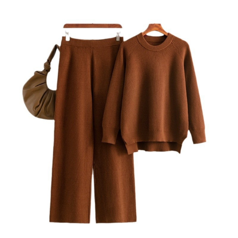 Women's Casual Knit Lounge Set with Wide Top and Comfortable Pants