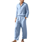 Men's relaxed linen set with open shirt collar and loose drawstring pants