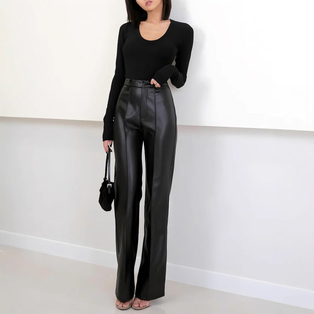 Women's Elegant High-Waist Faux Leather Wide-Leg Trousers