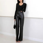 Women's Elegant High-Waist Faux Leather Wide-Leg Trousers