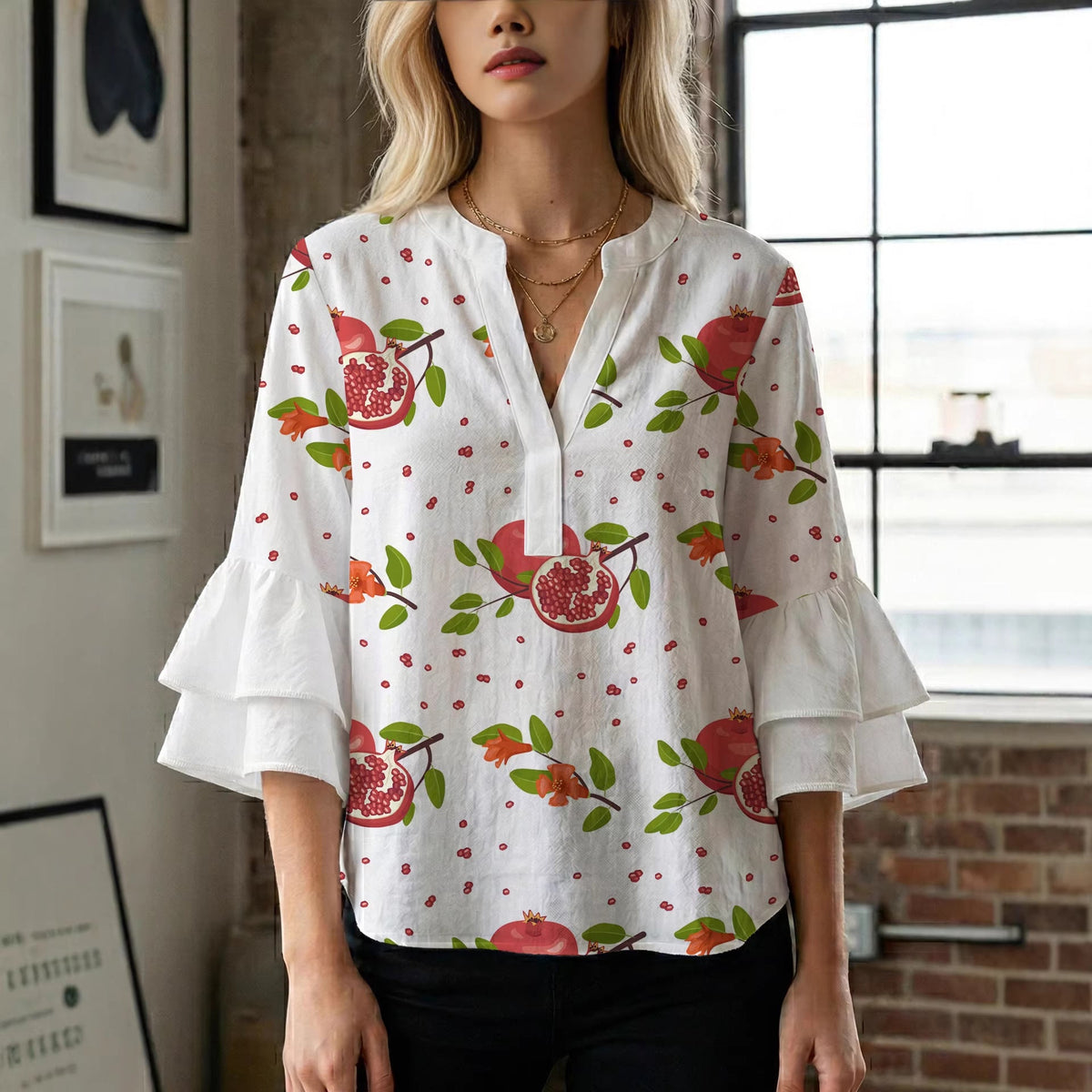 Women's Blouse with Voluminous Ruffle Sleeves and Modern Print