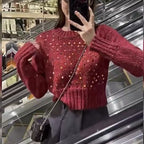 Women's Textured Glitter Knit Sweater with Wide Cut