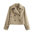 Women's Cropped Trench Coat with Double-Breasted Closure and Adjustable Sleeves