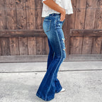 Women's Flared Jeans with Distressed Details and High Waist