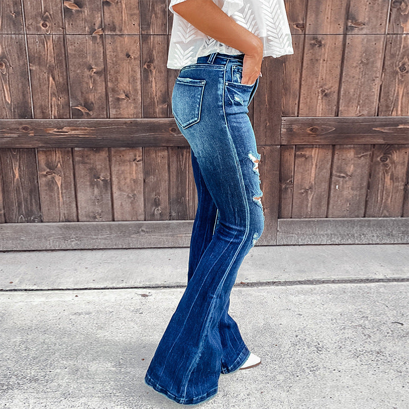 Women's Flared Jeans with Distressed Details and High Waist