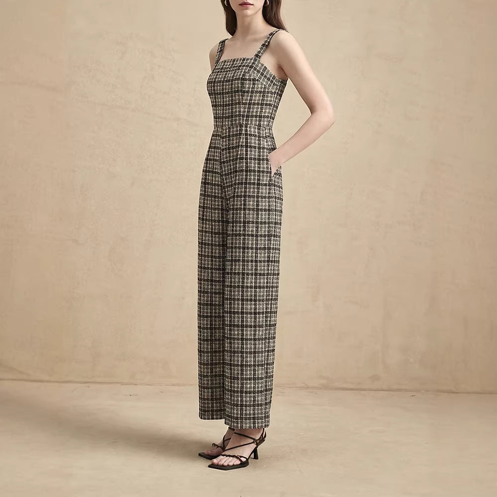 Women's Wide-Leg Jumpsuit with Fine Plaid Pattern