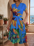 Women's Floral Midi Dress with Adjustable Belt