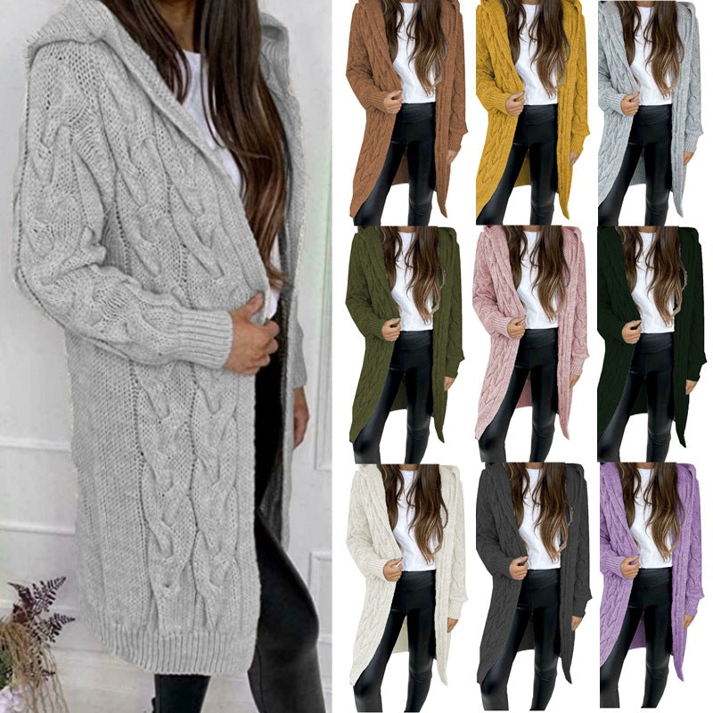 Women's Long Knit Coat with Textured Cable Design and Practical Hood