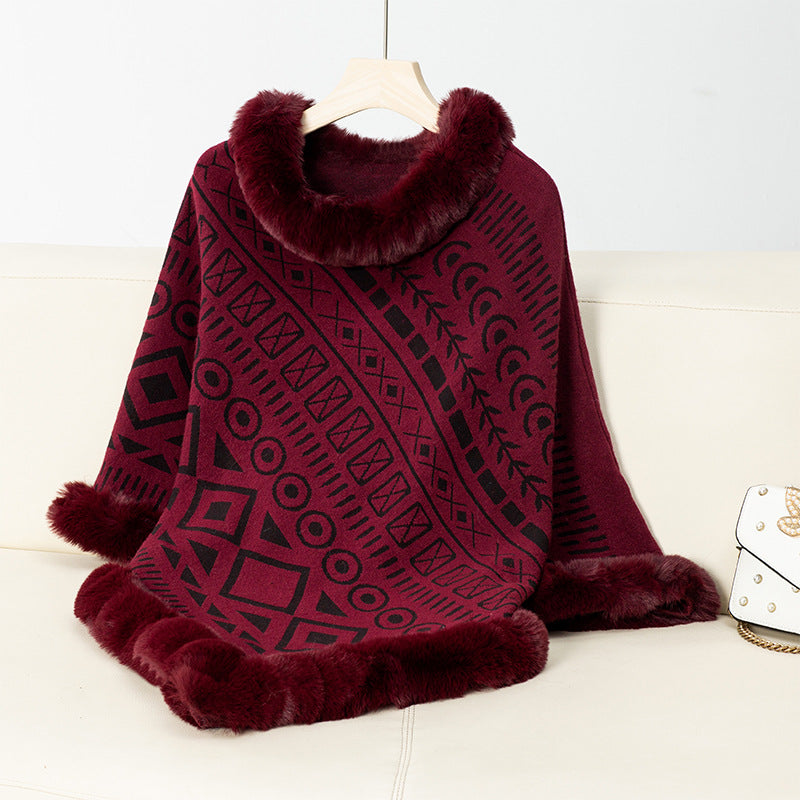 Women's Fashionable Poncho with Decorative Faux Fur Collar