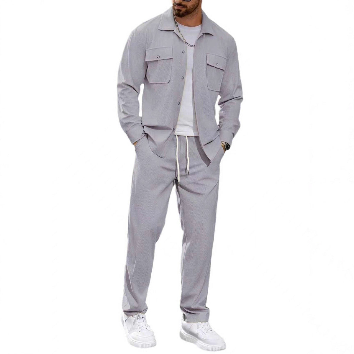 Men's Casual Two-Piece Shirt Jacket and Drawstring Pants Set