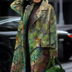 Women's Floral Print Maxi Coat with Elegant Lapel Collar and Flared Hem