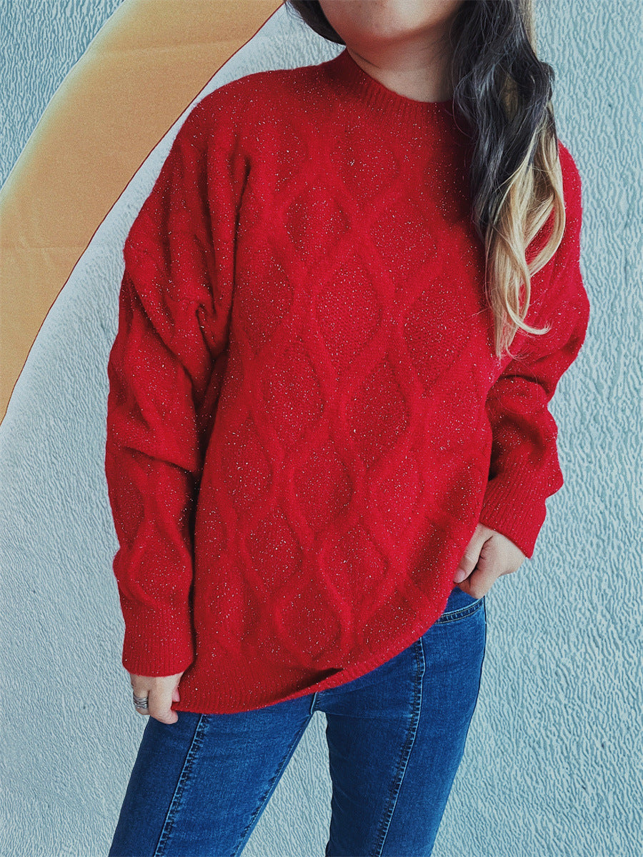 Women's Chunky Knit Sweater with Diamond Pattern and Voluminous Sleeves