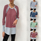 Women's Casual Long-Sleeve Shirt with Waffle Texture and Contrast Sleeves