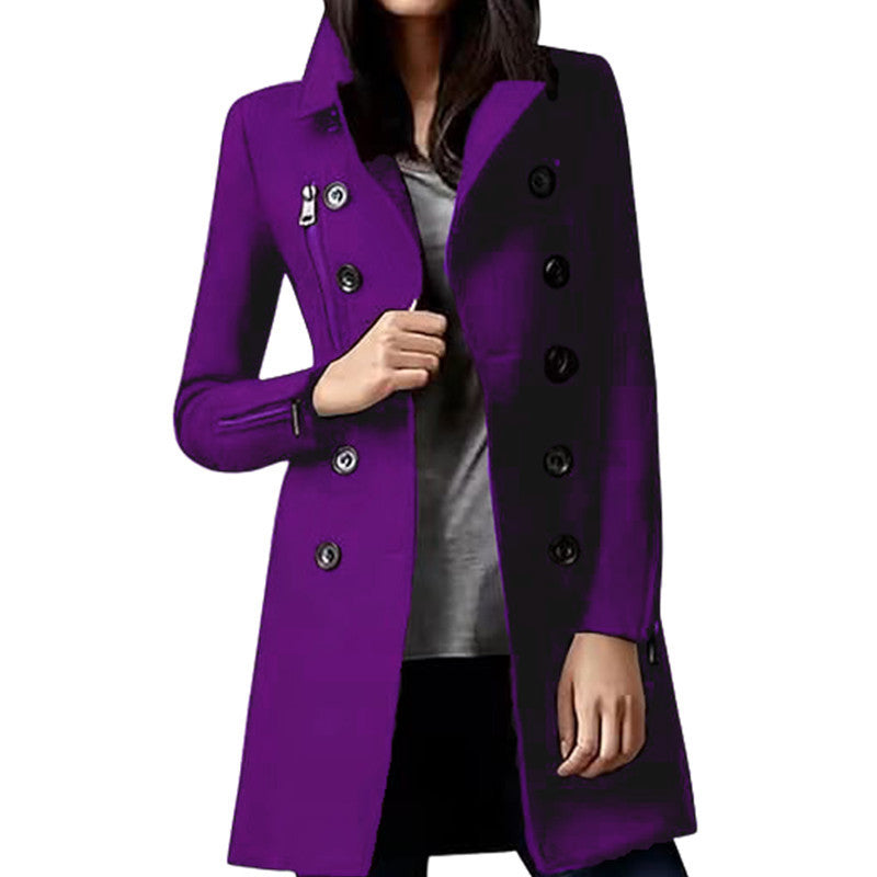 Women's Fashionable Short Coat with Double-Breasted Button Placket and Side Zippers