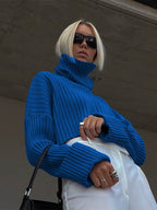 Women's Chunky Knit Sweater with High Collar and Ribbed Texture