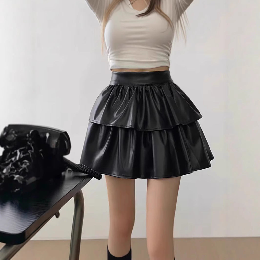 Women's Mini Skirt with Voluminous Tiered Design in Faux Leather