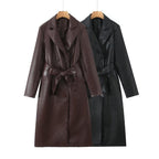 Women's Faux Leather Trench Coat with Waist Belt and Elegant Pocket Seams