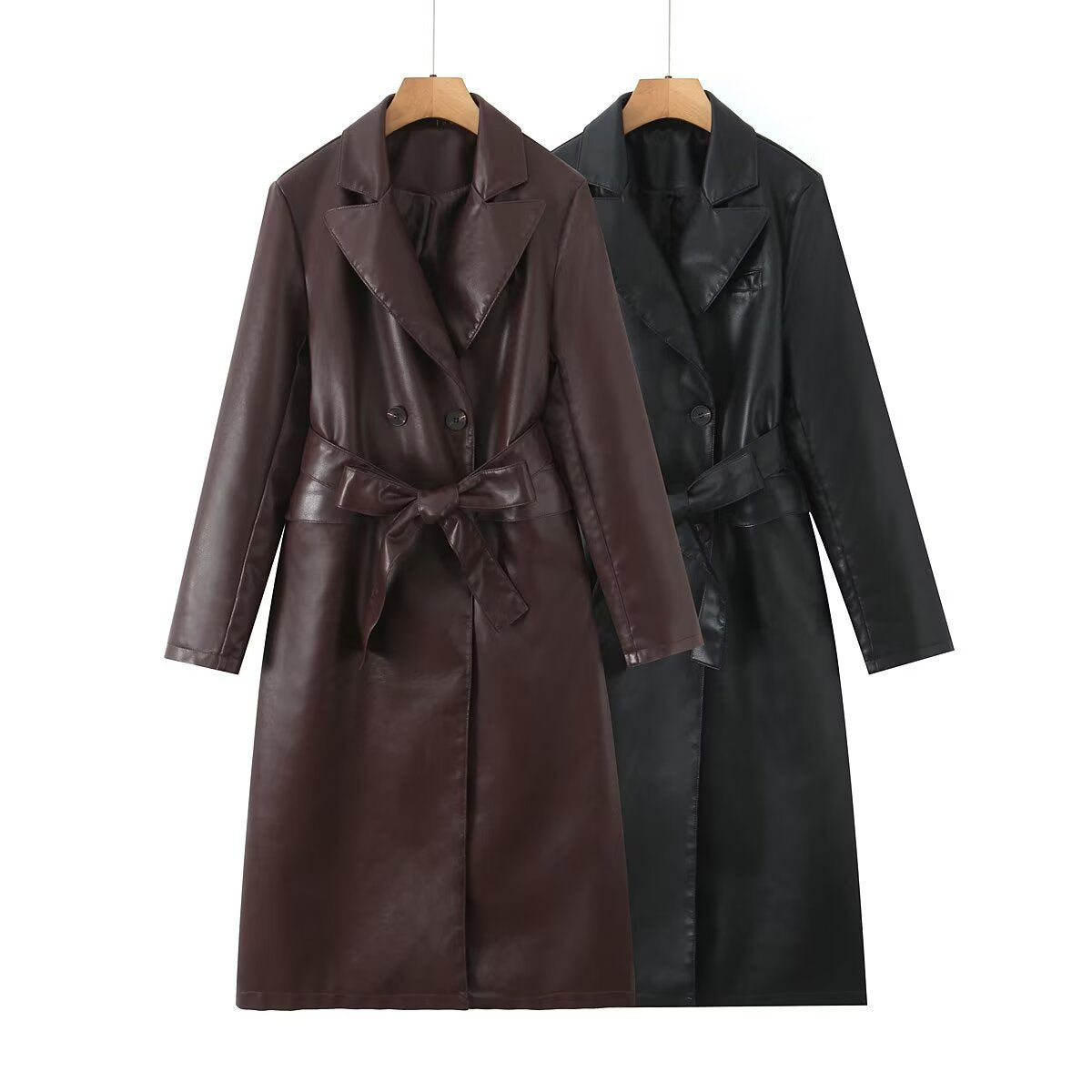 Women's Faux Leather Trench Coat with Waist Belt and Elegant Pocket Seams