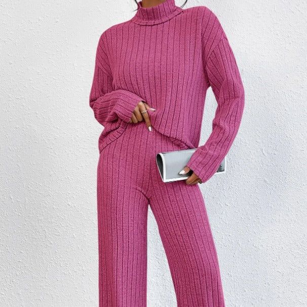 Women's Chunky Knit Two-Piece Set with High Collar and Wide Cut