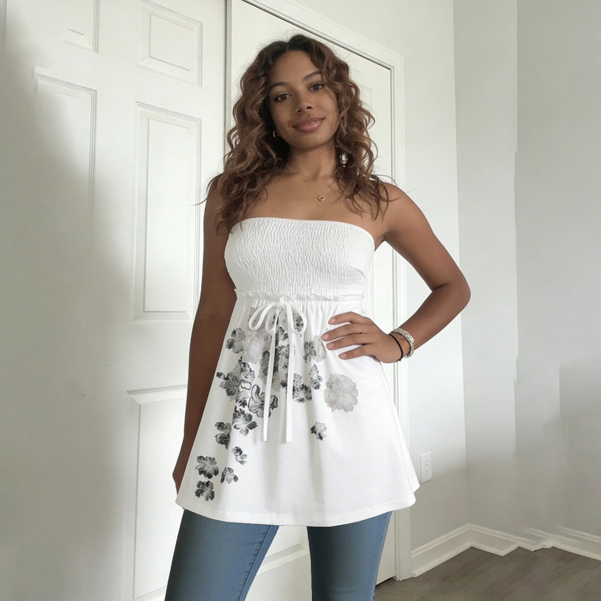 Women's Cotton Skirt with Floral Patterns and Elastic Waistband