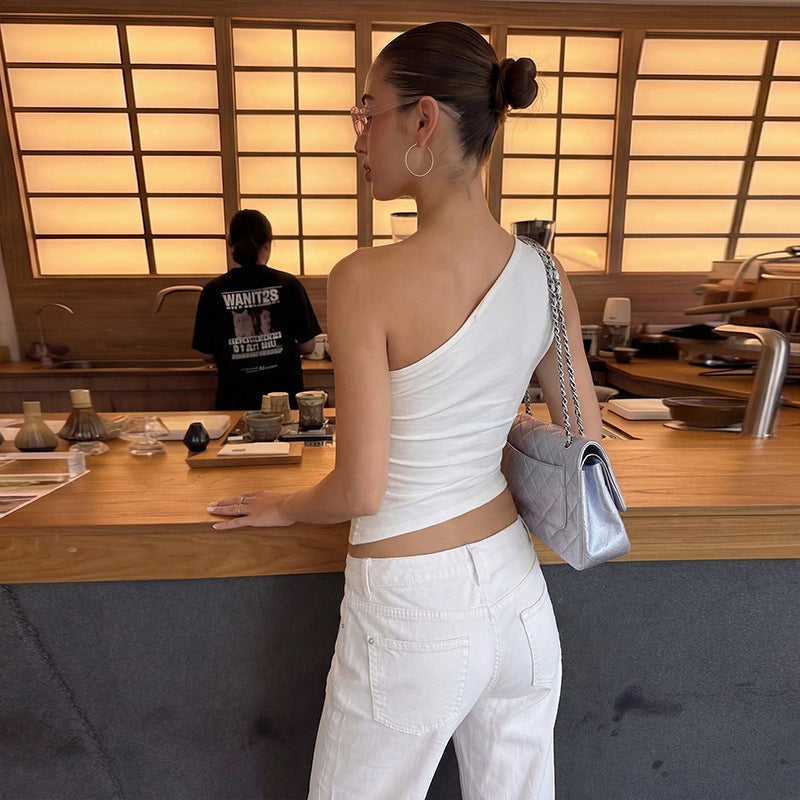 Women's Asymmetrical Top with Ruching and Shoulder Detail