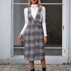Women's Plaid Jumpsuit with Button Placket and Wide Straps