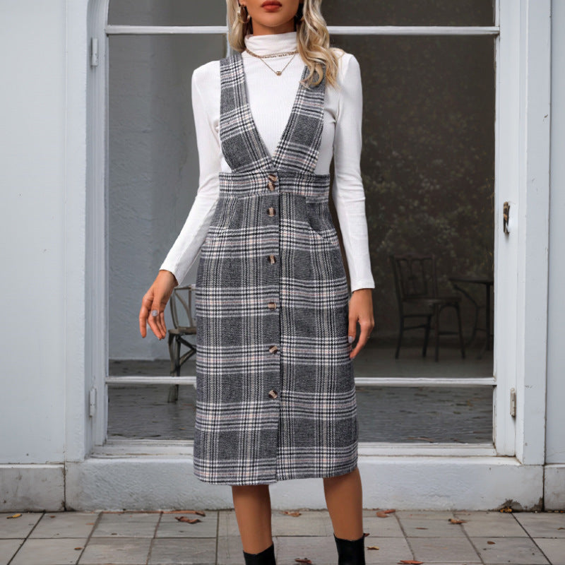 Women's Plaid Jumpsuit with Button Placket and Wide Straps