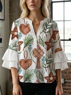 Women's Blouse Shirt with Voluminous Sleeves and Creative Print Design