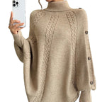 Women's Elegant Knit Poncho with Turtleneck and Cable Knit Pattern