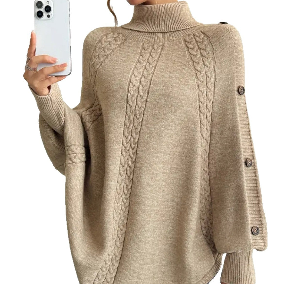 Women's Elegant Knit Poncho with Turtleneck and Cable Knit Pattern