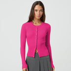 Women's Form-Fitting Knit Cardigan with Button Placket and Long Sleeves
