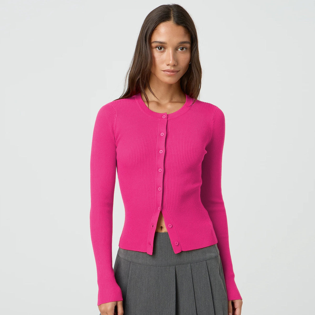 Women's Form-Fitting Knit Cardigan with Button Placket and Long Sleeves