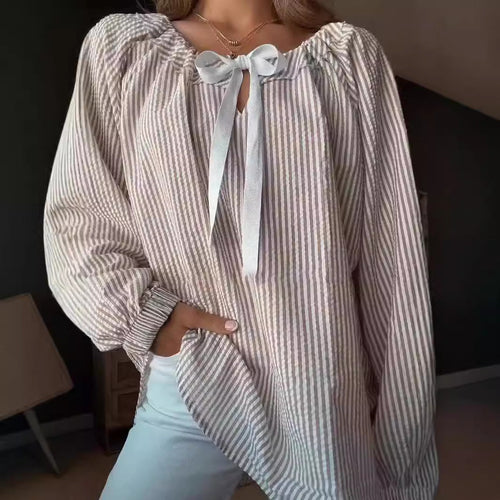 Blouse with Elastic Puff Sleeves and Decorative Tie