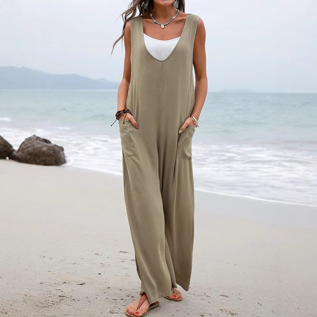 Women's Casual Wide-Leg Jumpsuit with Pockets